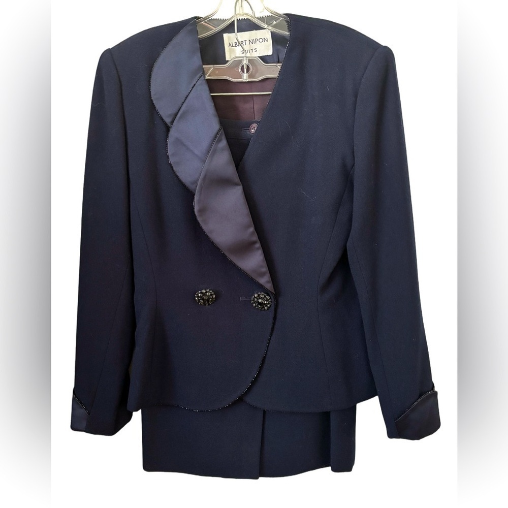 Albert Nipon VTG Y2K 100% wool nvy pncl skrt suit scallop lapel & slv hem SZ 6
